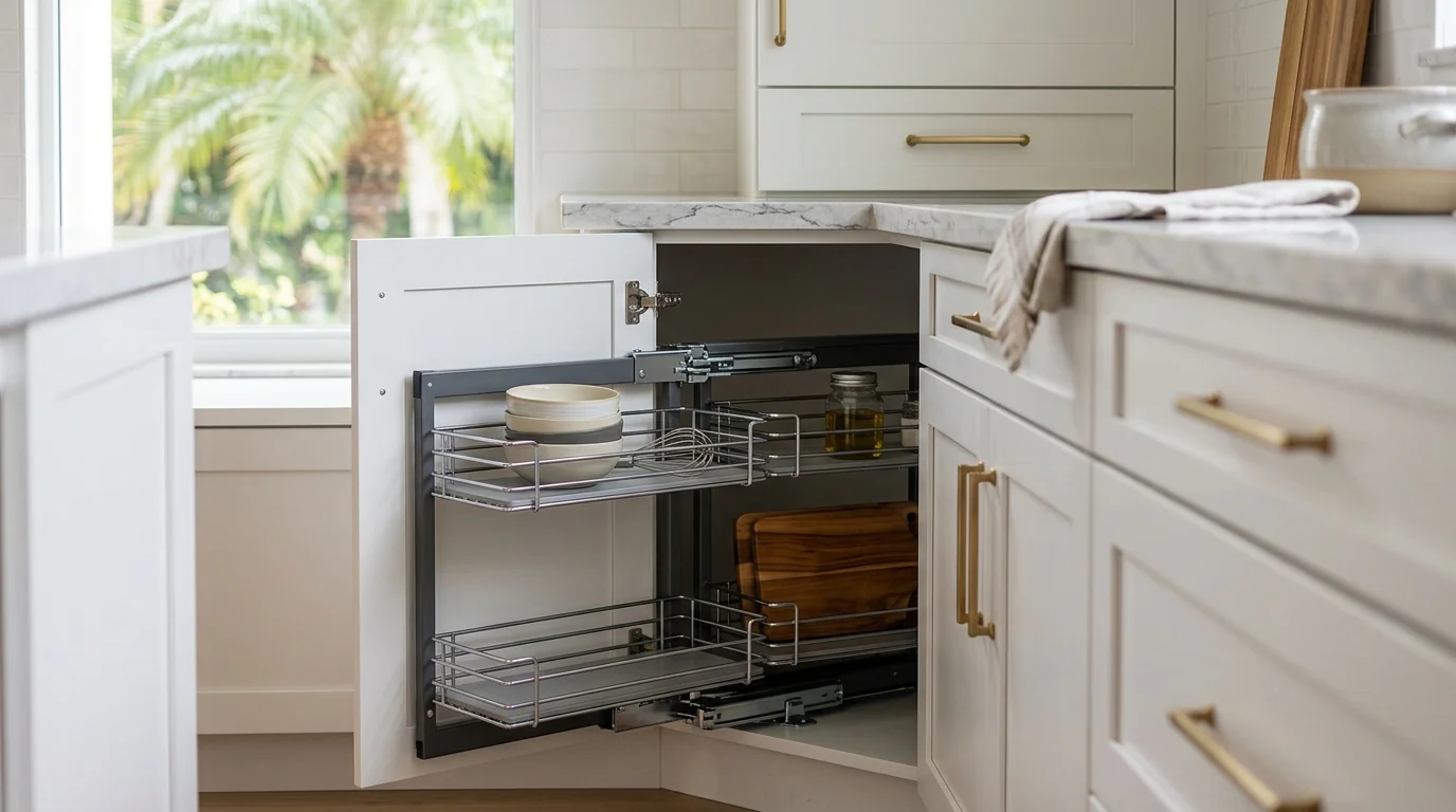 Close-up of a super susan corner cabinet interior with full-round shelves and soft-close hardware in a South Florida kitchen