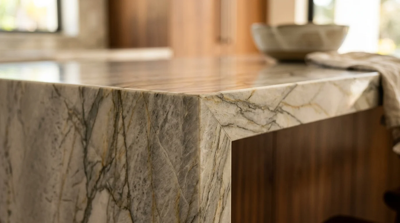 Close-up detail of book-matched quartzite slab backsplash with mitered edge profile showing natural stone veining patterns