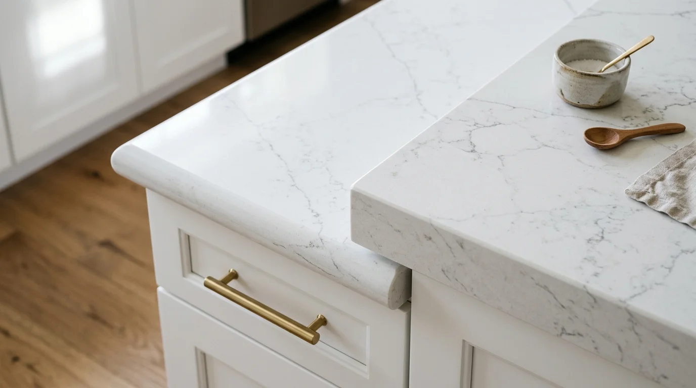 Waterfall mitered quartz countertop edge on a kitchen island in a Boca Raton home with white shaker cabinets