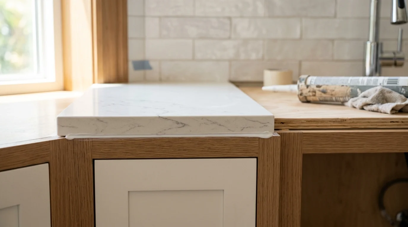 Stone fabricator setting a quartz countertop slab onto kitchen cabinets in a Boca Raton home