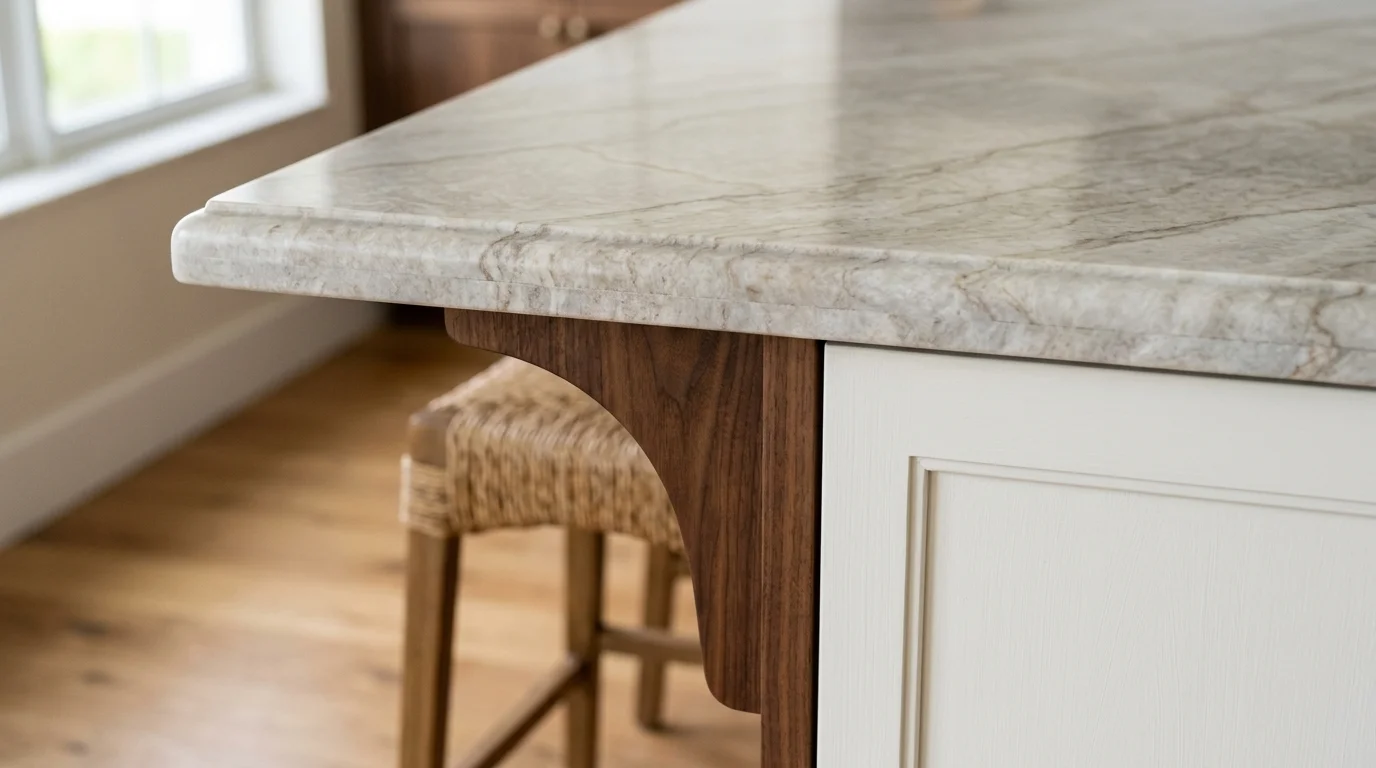 Close-up of countertop overhang edge profile with corbel support on a kitchen island in a Boca Raton home