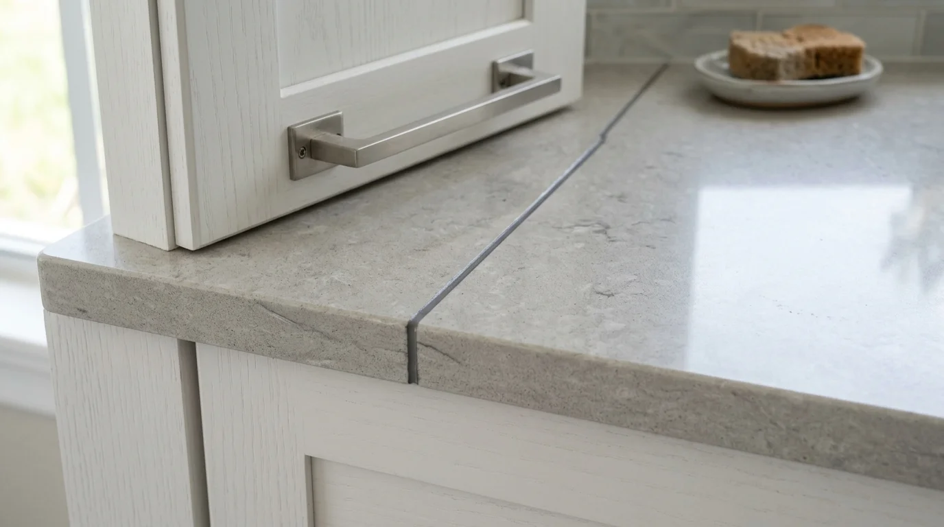 Fabricator polishing a countertop seam on granite slab during kitchen installation in South Florida