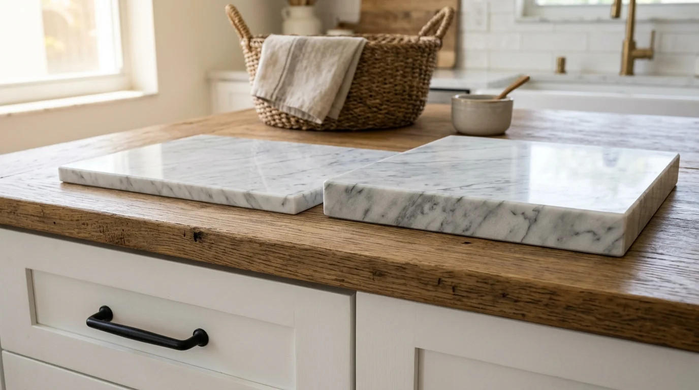 Mitered countertop edge detail on a kitchen island in a Boca Raton home showing thick slab appearance with 2cm stone