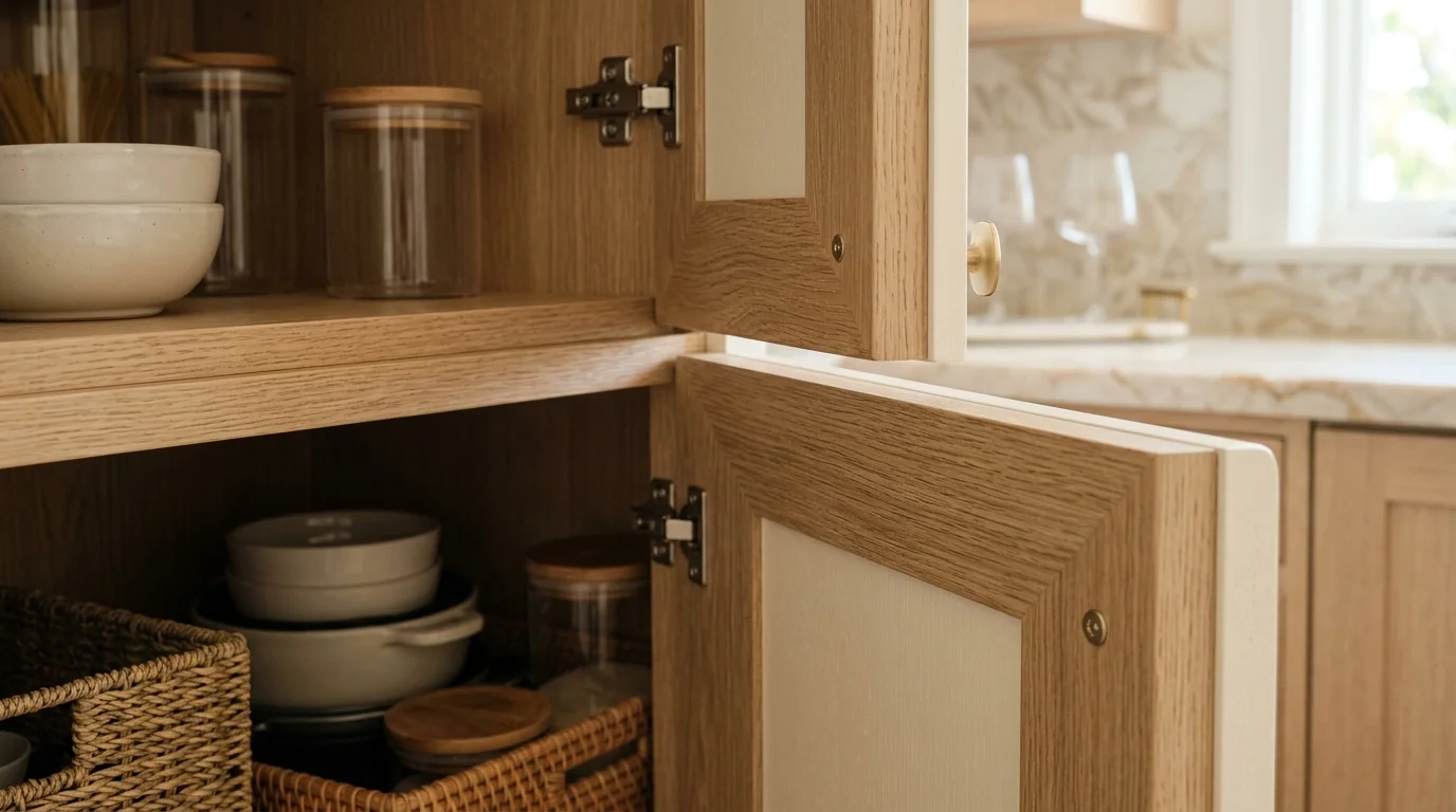 Close-up of custom closet accessories including pull-out drawers, shoe shelves, and soft-close hardware in a South Florida home