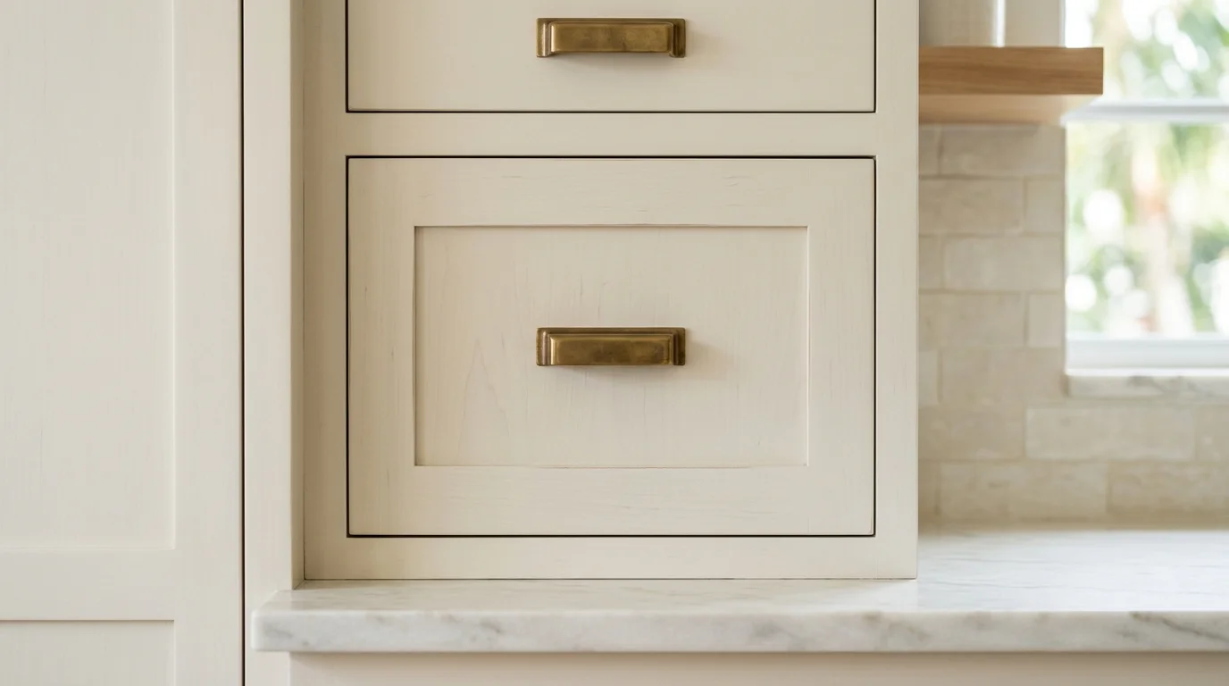 Close-up of custom cabinet door with dovetail drawer box and brushed gold hardware in a South Florida kitchen