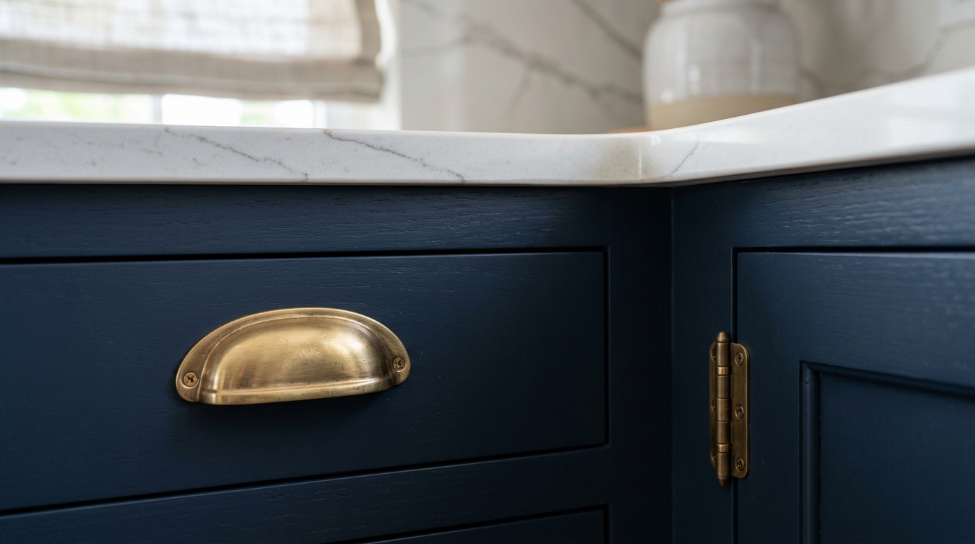 Close-up of espresso kitchen cabinets with brass hardware and natural stone backsplash in Palm Beach County kitchen