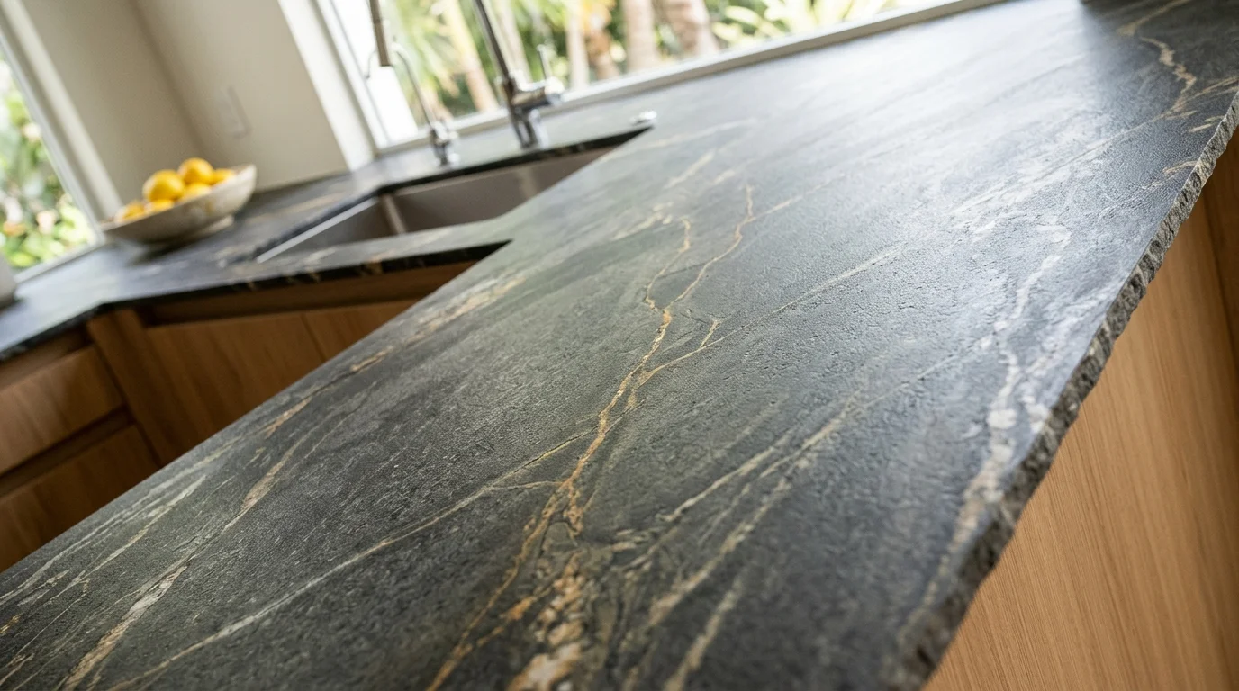 Close-up of Dekton countertop surface showing ultra-compact texture and matte finish in a Boca Raton kitchen remodel