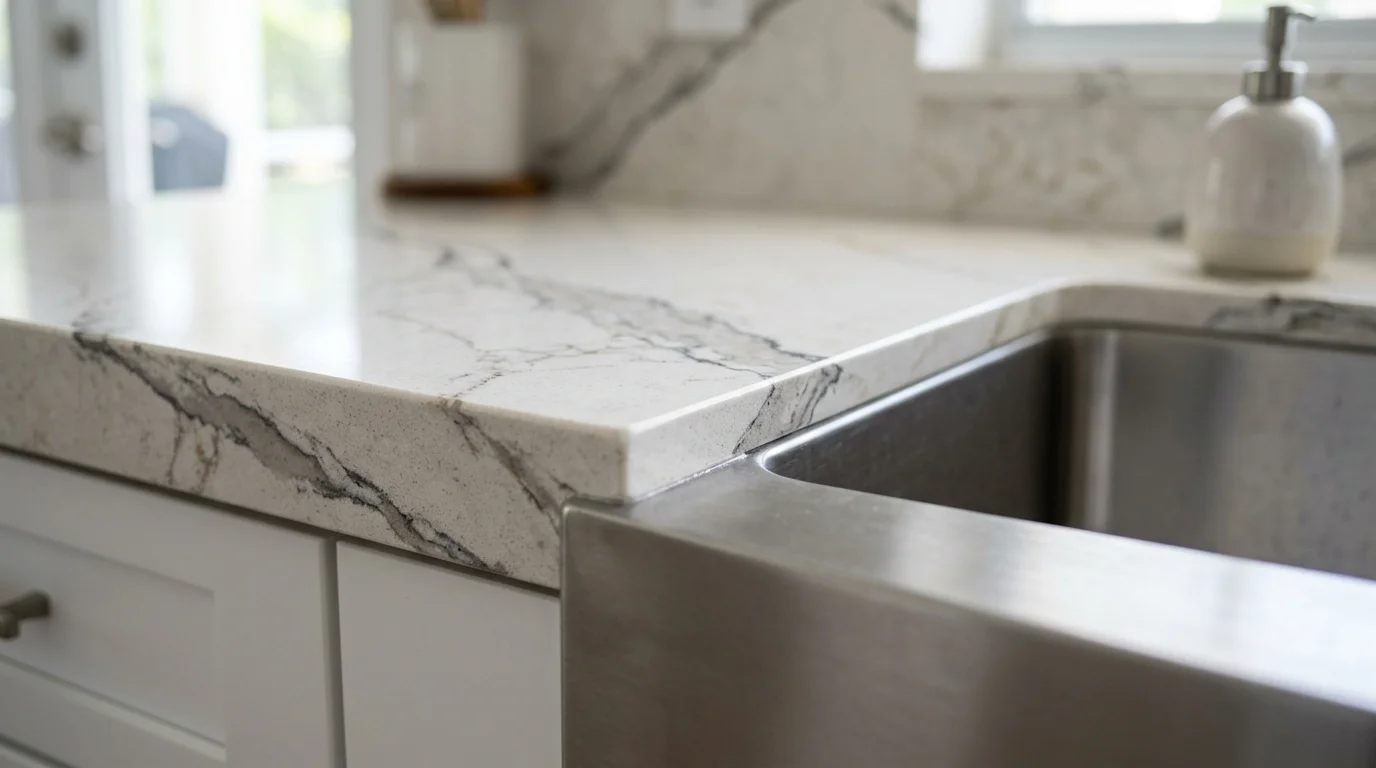Close-up of quartz countertop surface showing non-porous texture compared to granite, Palm Beach County kitchen remodel