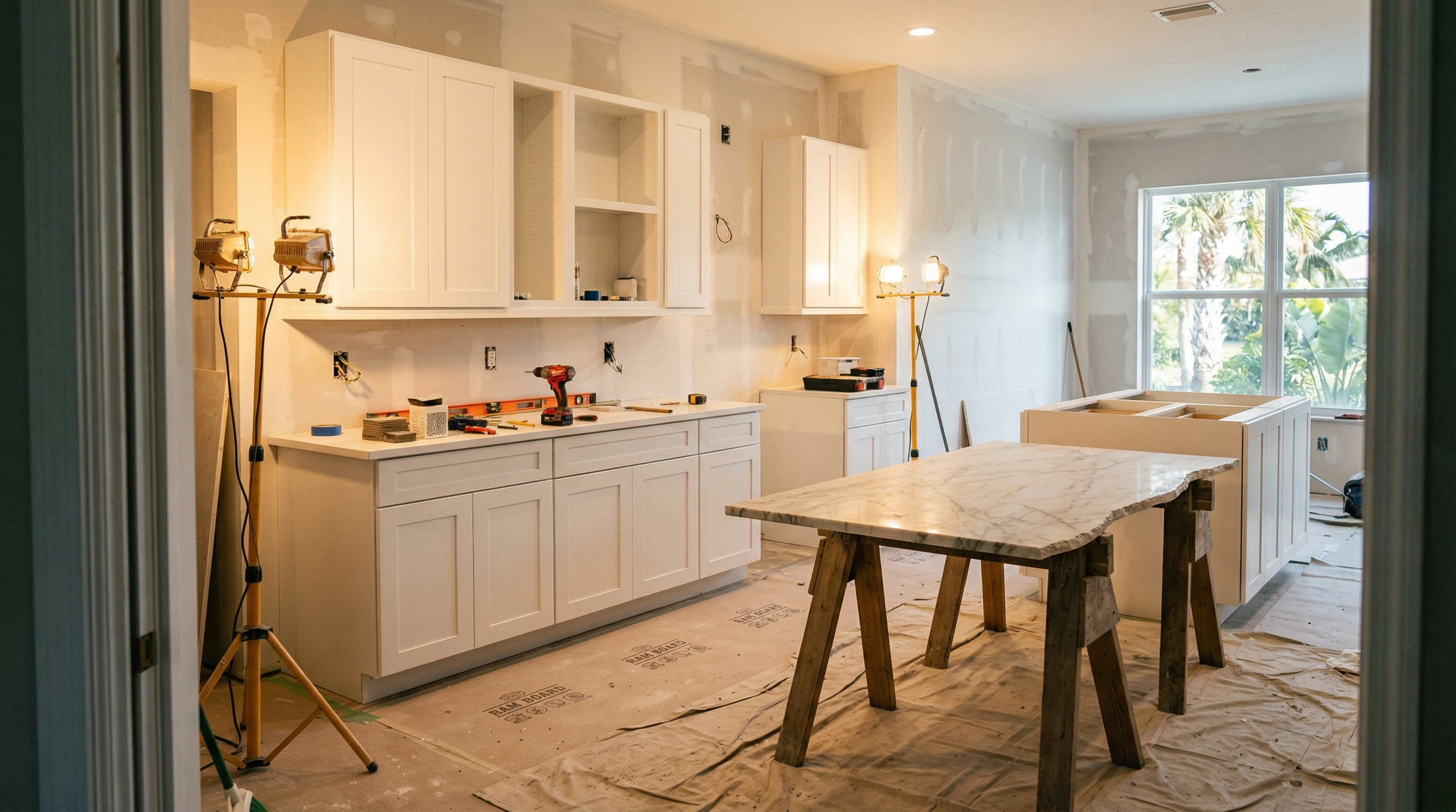 Kitchen renovation in progress in a Palm Beach County home — new white shaker cabinets installed with quartzite island slab on sawhorses ready to be set