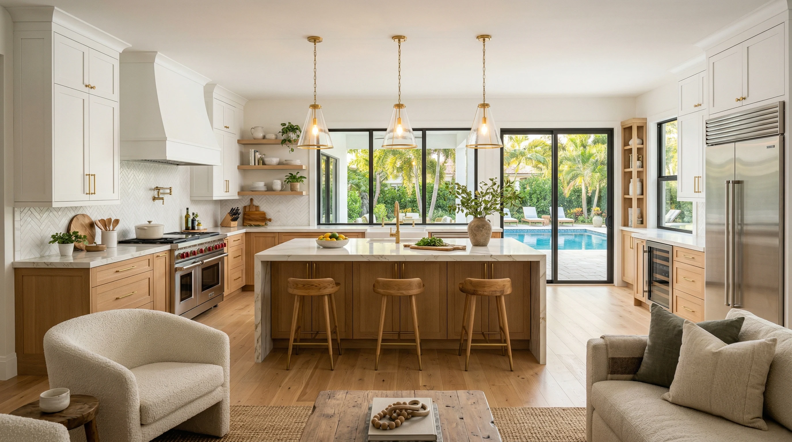 Beautifully renovated open-plan kitchen in a Palm Beach County home with white shaker cabinets, quartzite island, and pool view — by South Florida Kitchen and Bath Design