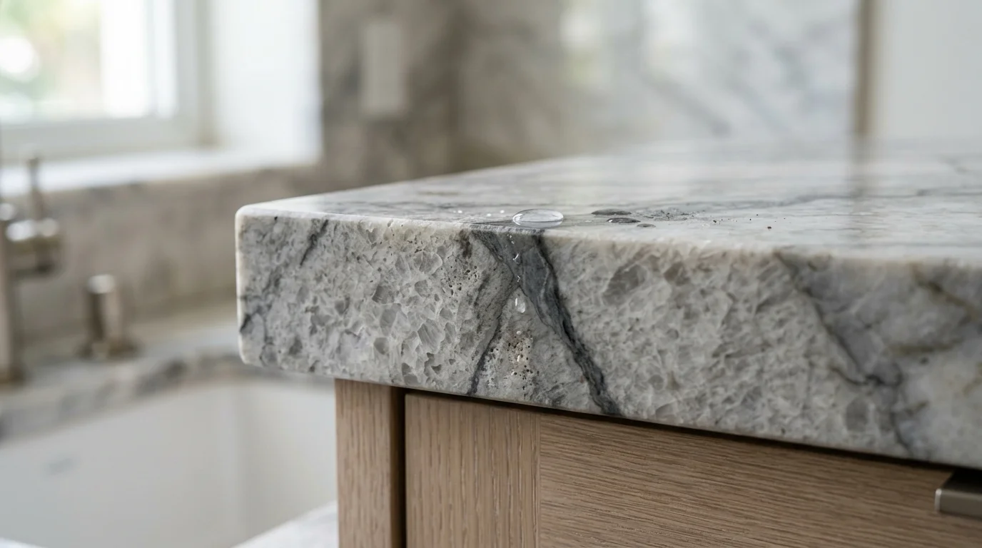 Close-up of water bead test on quartzite countertop surface showing absorption rate to determine if sealing is needed