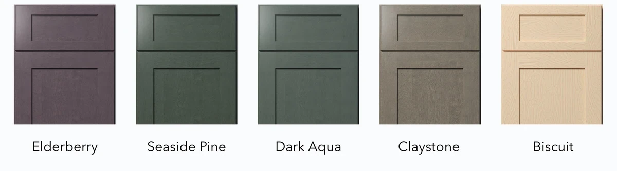 Fabuwood Designer Collection stains Elderberry, Seaside Pine, Dark Aqua, Claystone and Biscuit shown on shaker doors