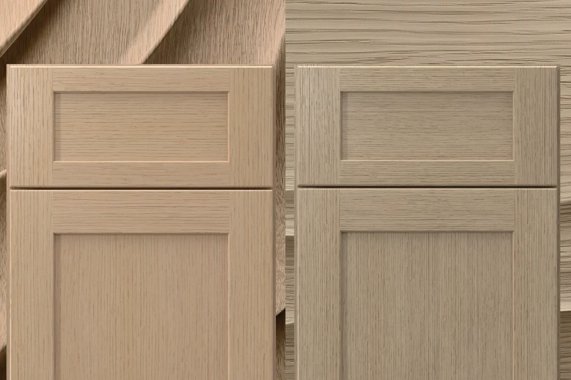 Fabuwood Natural Oak on the right compared with warmer Desert Oak on the left, both rift-cut white oak