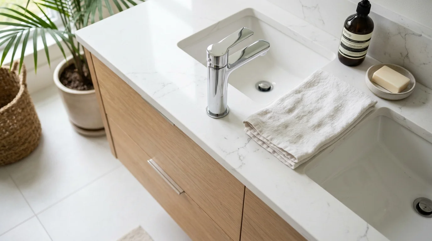Close-up of wall-mounted floating vanity with brushed gold faucet and large-format porcelain tile in a South Florida bathroom remodel