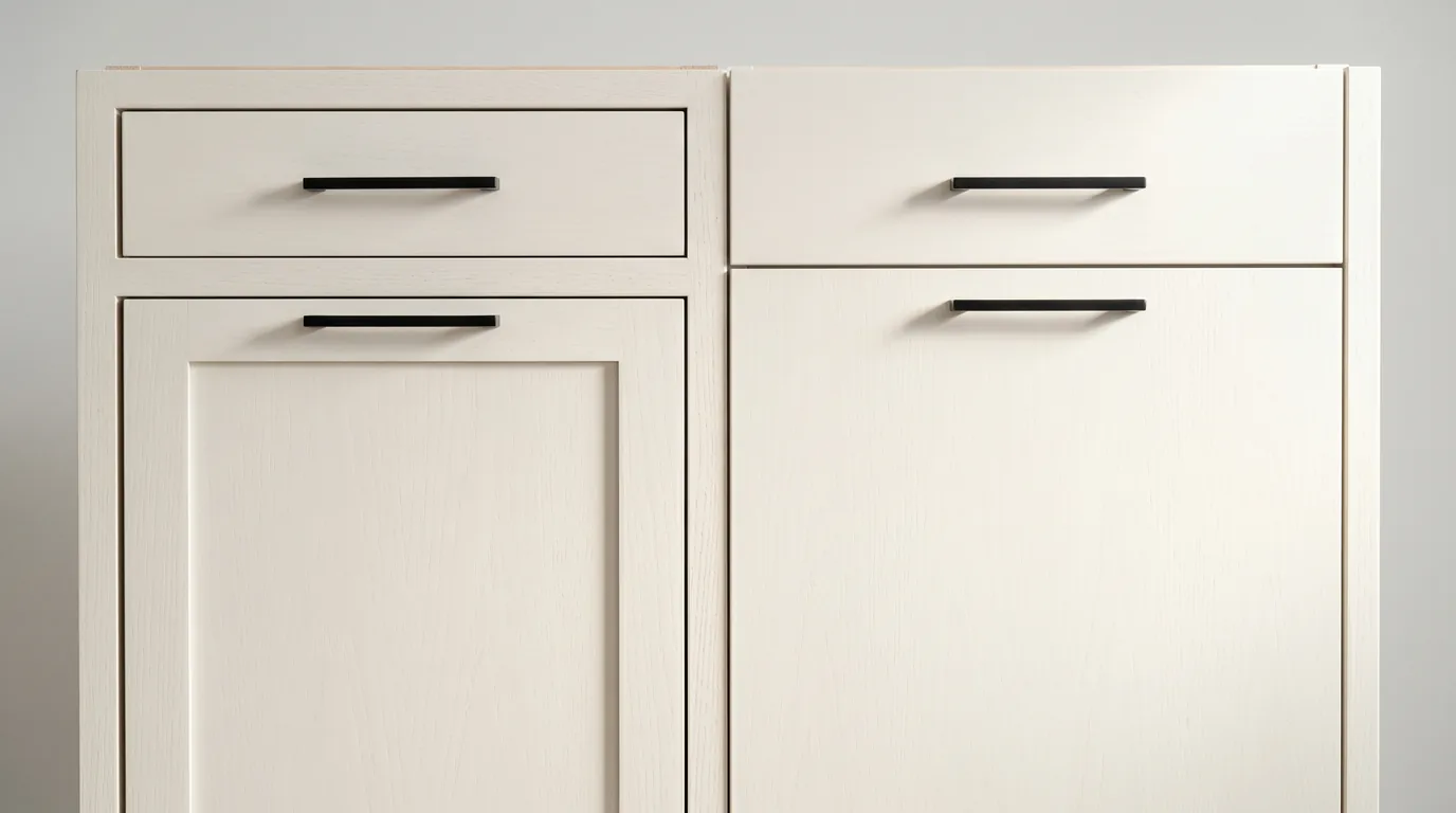 Side-by-side cabinet construction comparison: framed shaker door on the left with a visible wood face frame around the door opening, frameless slab door on the right with full-overlay edge-to-edge construction, both with identical matte black bar pulls