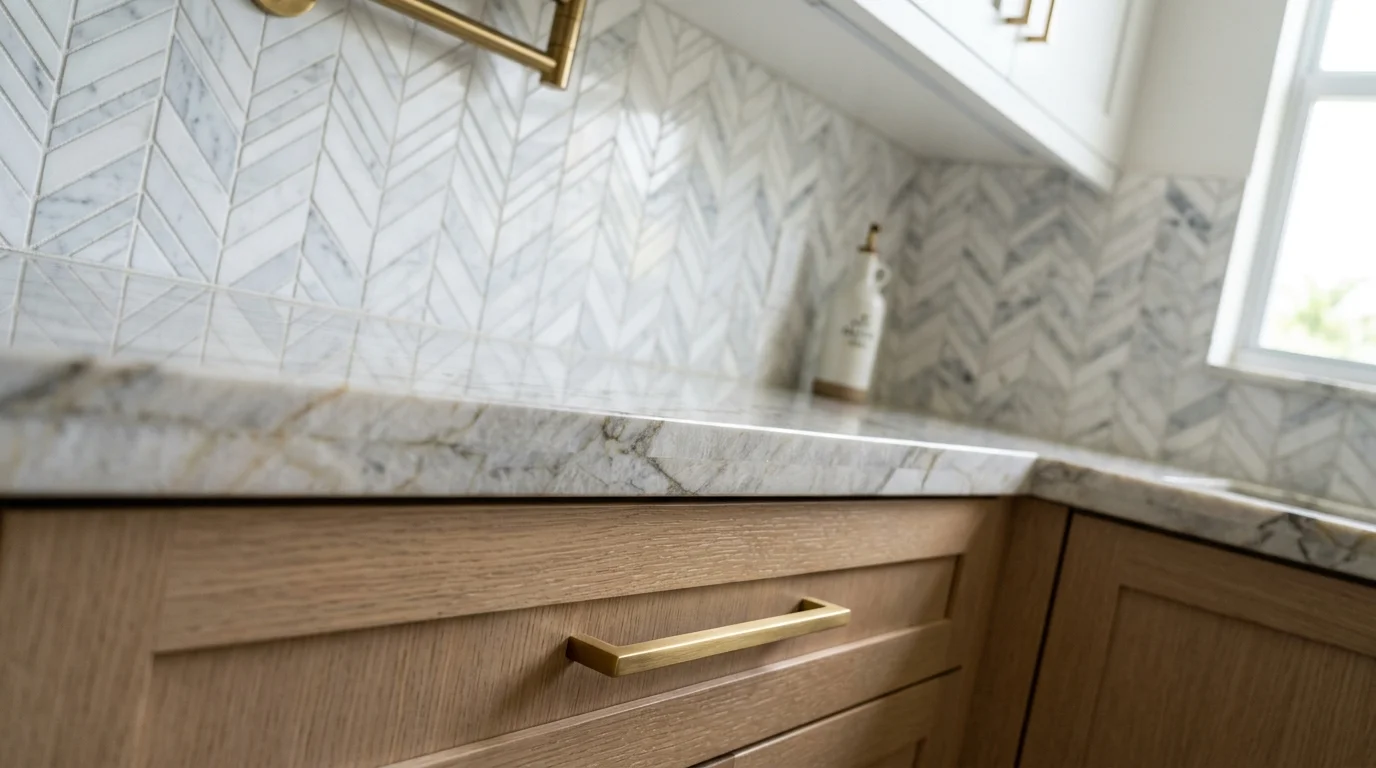 Close-up of custom corner storage solution with pull-out drawers in galley kitchen remodel showing space-saving design details