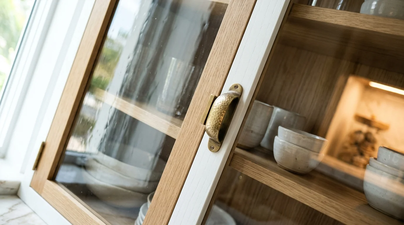 Close-up of fluted glass cabinet door insert on a navy blue kitchen cabinet in a Palm Beach County home