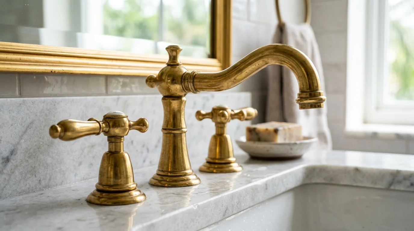 Close-up of champagne gold bathroom faucet and hardware against white marble countertop with tropical light streaming through window