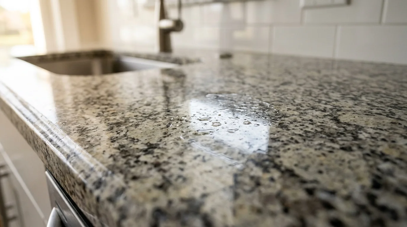 Close-up of granite countertop water bead test showing water droplets pooling on sealed stone surface in a Palm Beach County kitchen