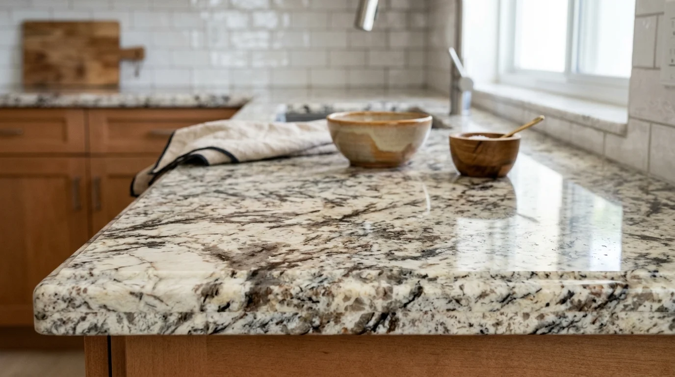 Close-up of granite countertop edge profile and natural stone pattern in a Boca Raton kitchen remodel