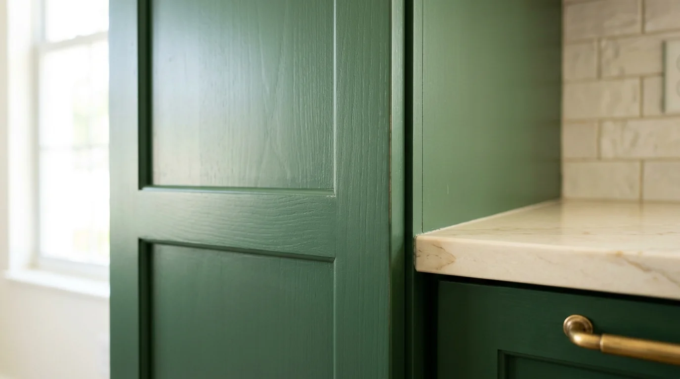 Close-up of deep forest green shaker cabinet doors with unlacquered brass pulls and white quartzite countertop in a Palm Beach County kitchen
