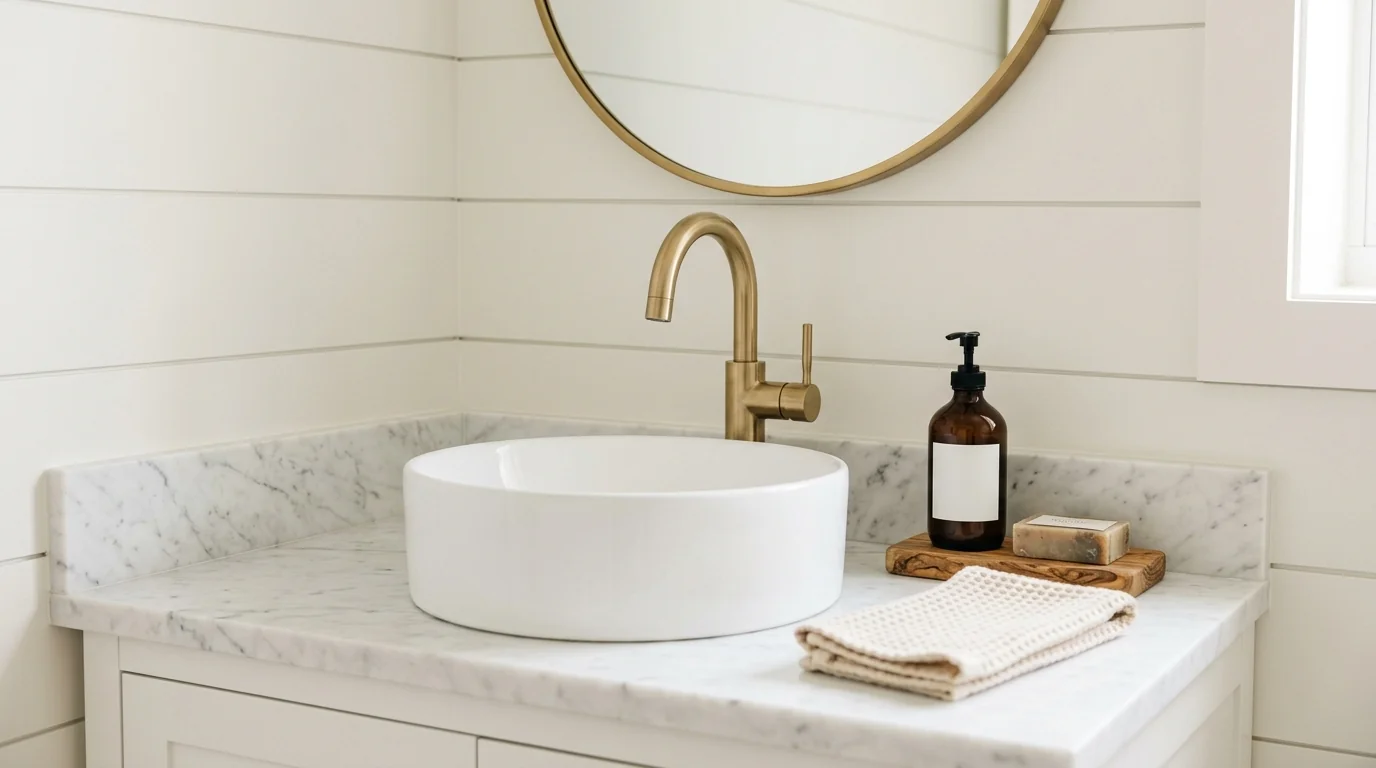 Close-up of updated bathroom vanity with new brushed gold hardware and modern mirror in guest bathroom