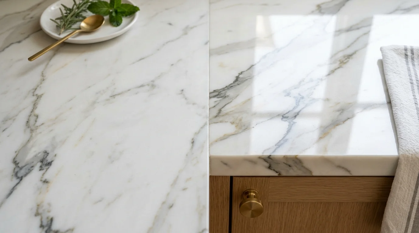 Close-up of honed marble countertop surface showing matte texture next to polished granite edge in a South Florida kitchen