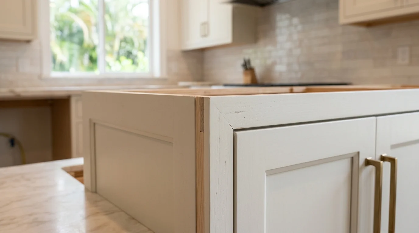 Close-up of dovetail drawer joint and soft-close undermount slide on a custom cabinet box, showing plywood construction and dado-set bottom panel