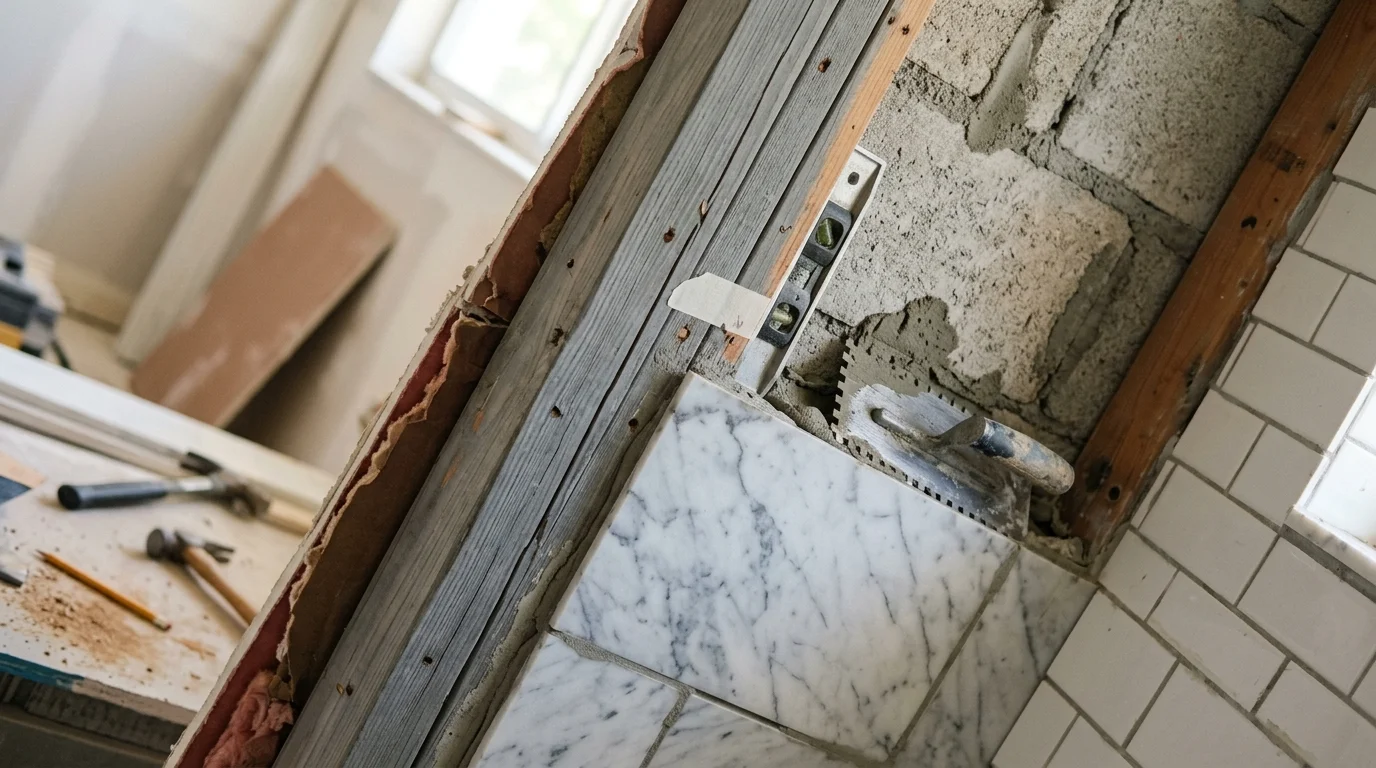 Close-up of bathroom tile installation work showing detailed craftsmanship in South Florida home renovation