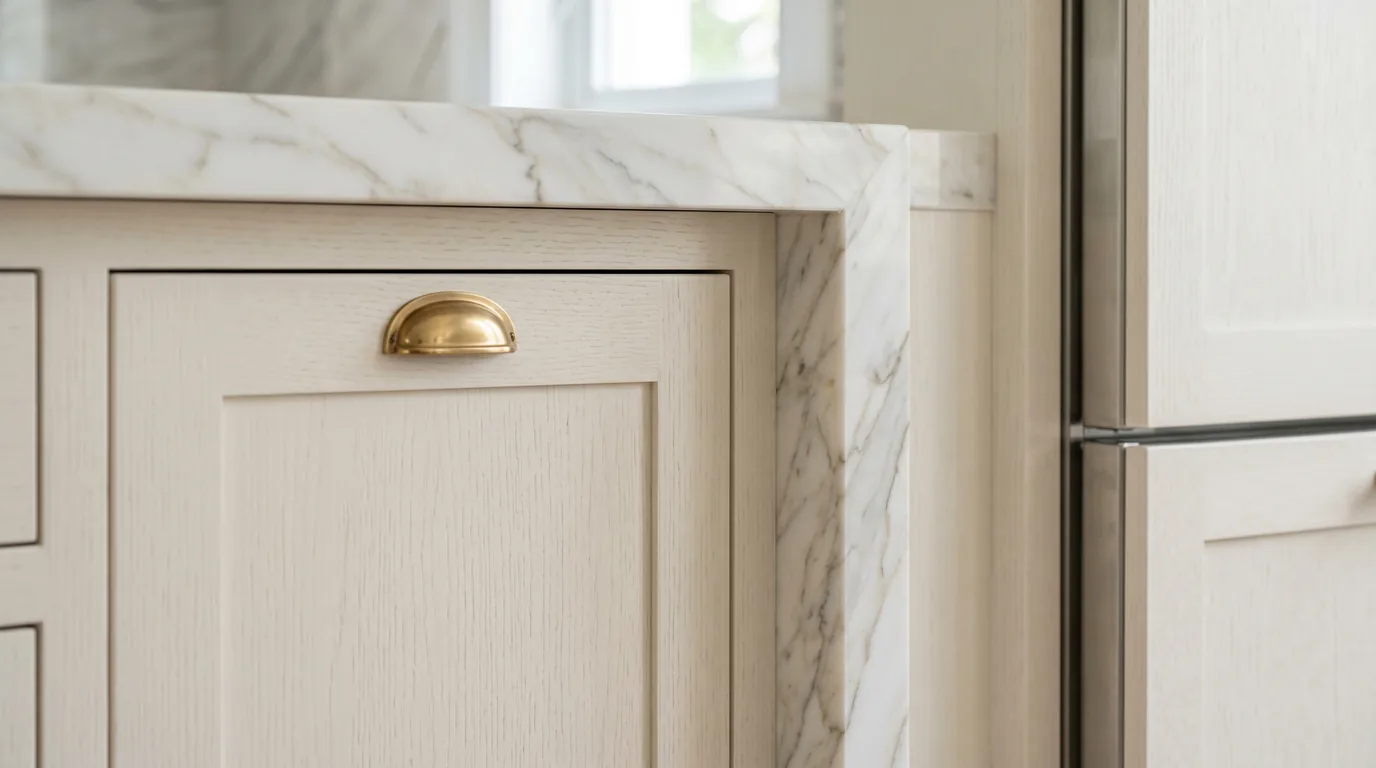 Close-up of high-end kitchen finishes in a 20x20 remodel — Calacatta marble waterfall countertop edge, custom inset shaker cabinet door in painted white oak, polished brass cup pull, and the integrated panel of a Sub-Zero refrigerator