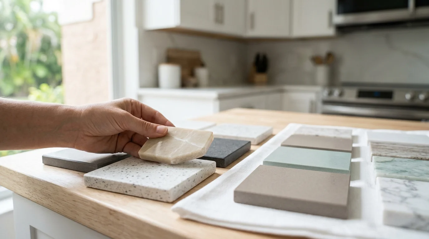 Close-up view of quartz countertop edge detail showing how the veining complements the cabinet color and backsplash tile selection