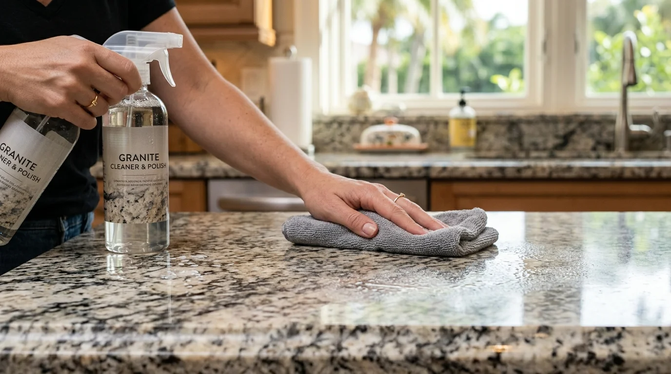 Close-up of granite countertop surface showing stone texture and pH-neutral cleaner being applied with a soft cloth