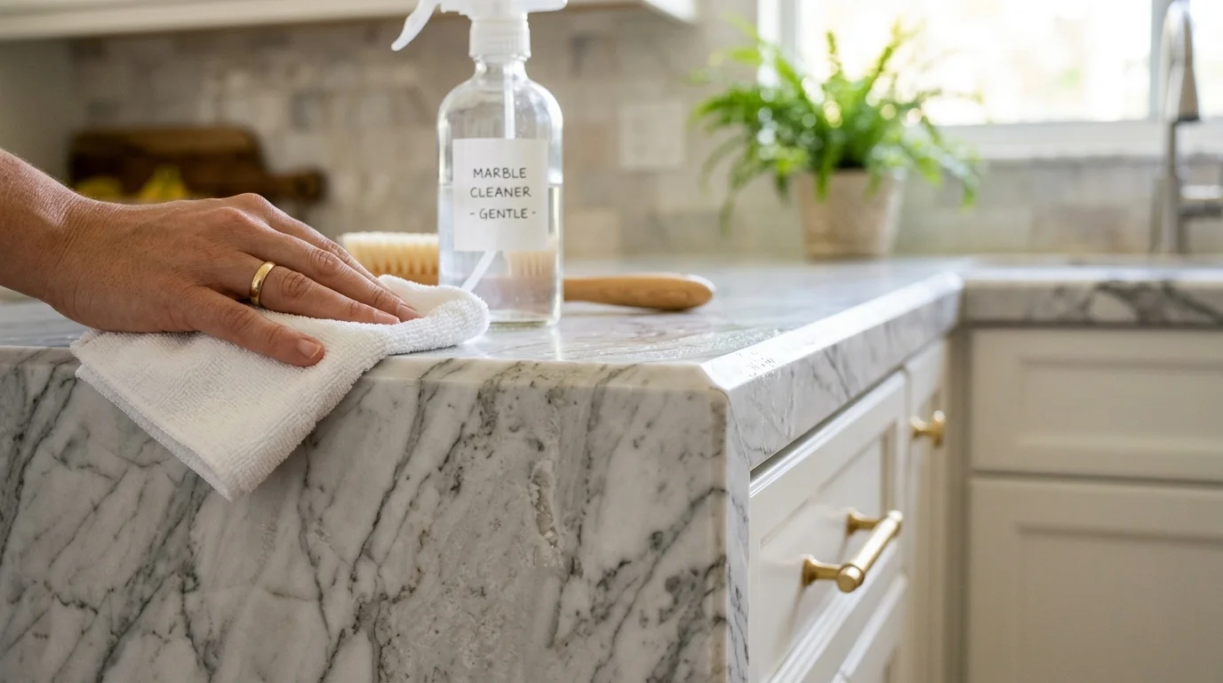 Close-up of marble countertop surface showing etching damage next to a properly sealed and polished section