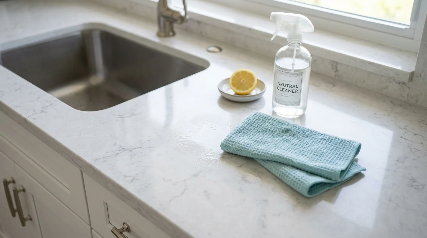 Close-up of quartz countertop surface being wiped clean with a soft cloth in a Palm Beach County kitchen