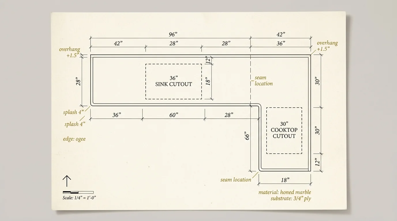 Overhead diagram of an L-shaped kitchen countertop with dimensions, sink cutout, cooktop cutout, and overhang notes labeled