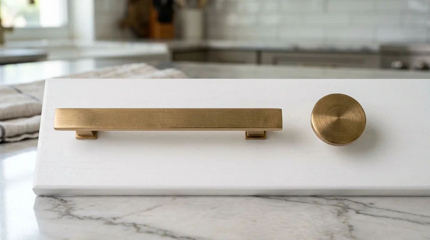 Close-up of a brass cabinet pull on a drawer next to a matching brass knob on a cabinet door in the same finish