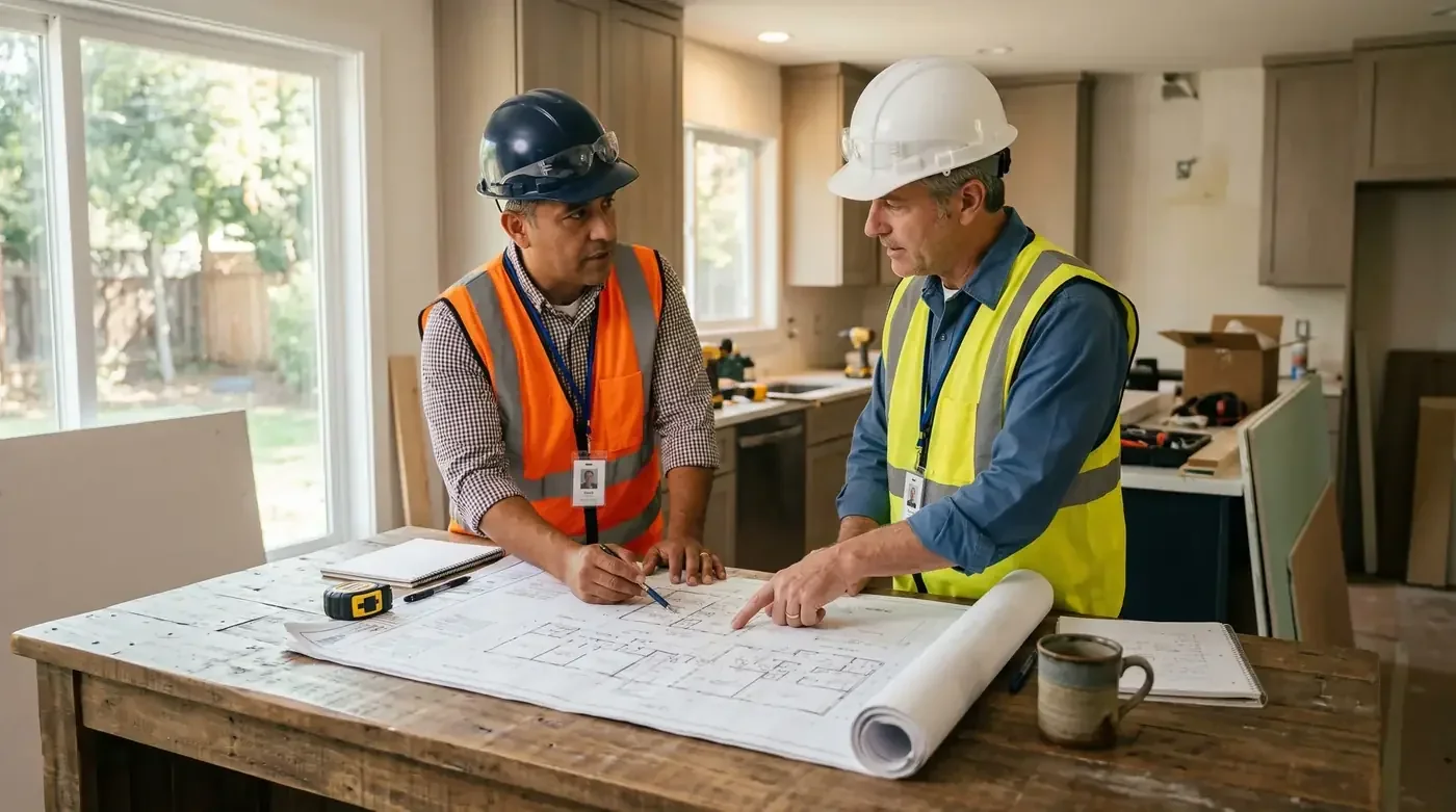 Two contractors in hard hats reviewing kitchen remodel plans spread across a countertop