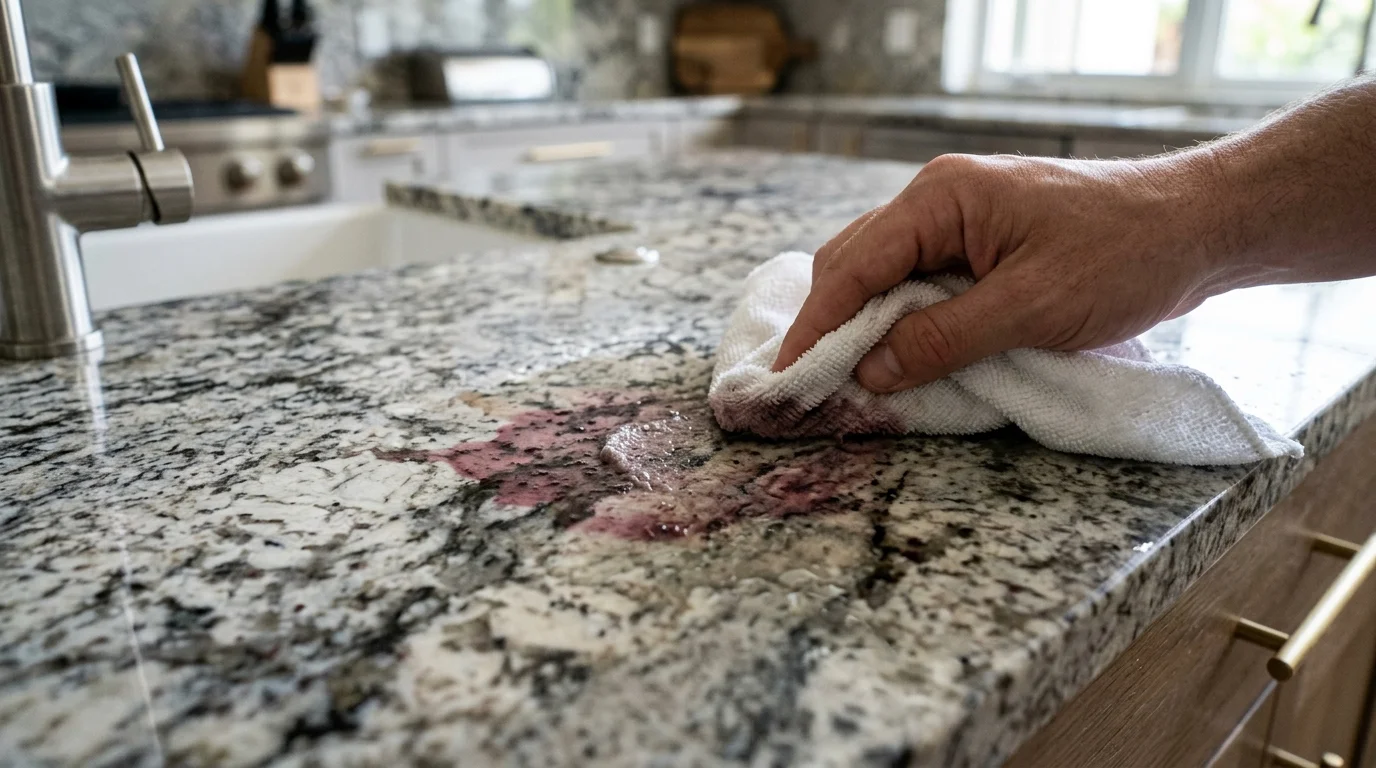 Homemade poultice applied to an oil stain on granite countertop in a Palm Beach County kitchen