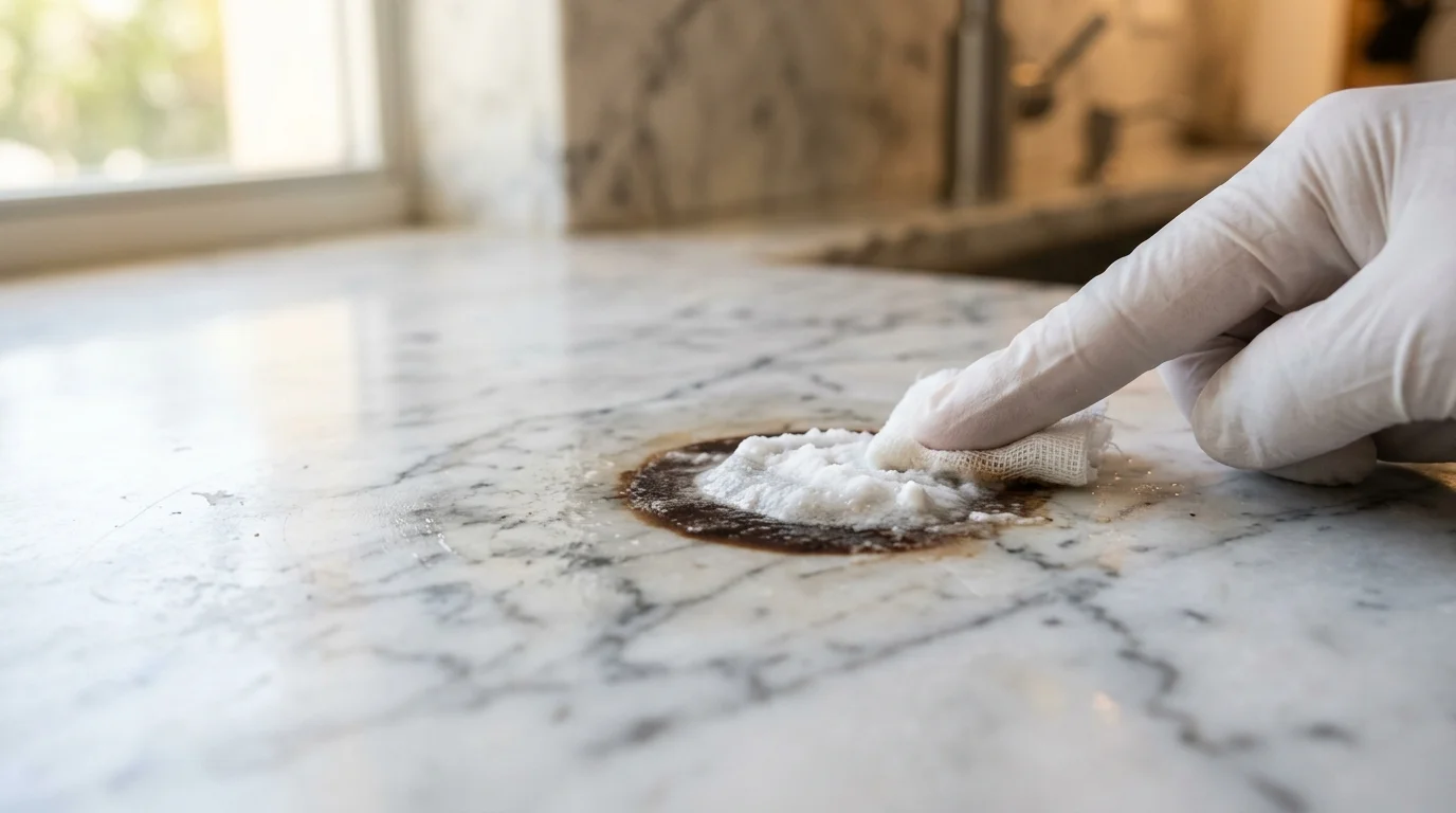 Close-up of a marble countertop surface showing the difference between an etch mark and an oil stain in a South Florida home