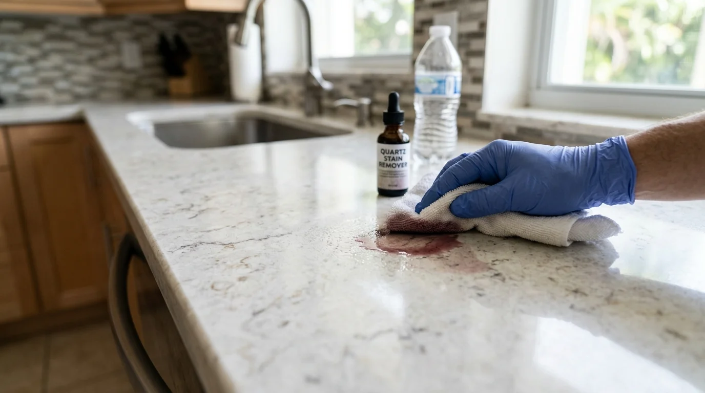 Hard water stain on white quartz countertop near kitchen sink in Palm Beach County home being treated with diluted white vinegar
