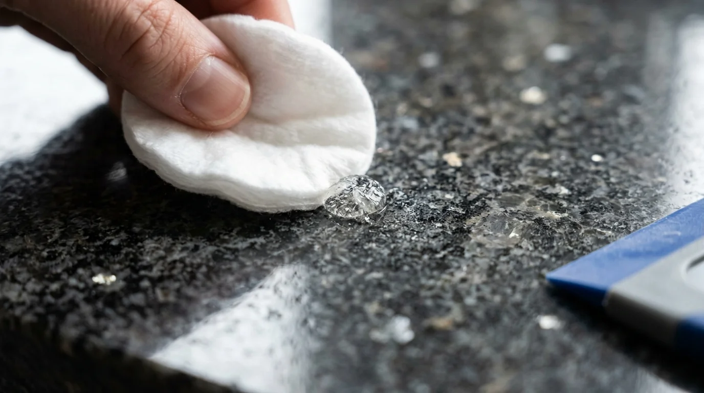 Cotton pad held against a dried super glue blob on a dark granite countertop with a plastic scraper nearby