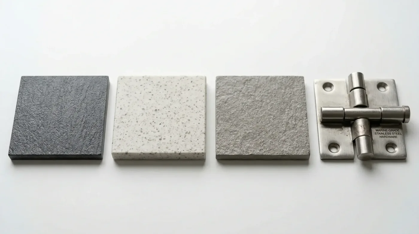 Three countertop samples in dark gray, white speckled and light gray beside a stainless steel hinge