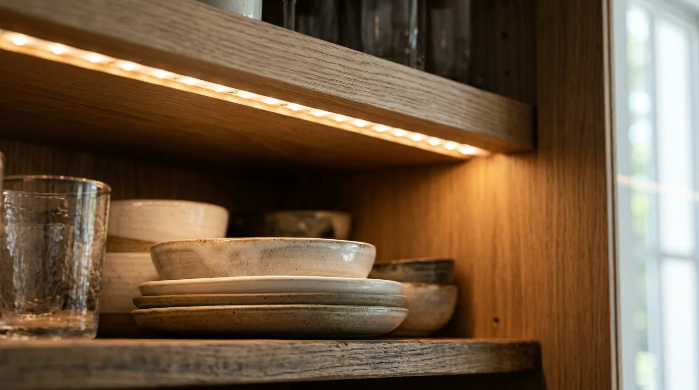 Close-up of puck light installed inside a glass-front upper cabinet displaying dishes and glassware with warm amber glow