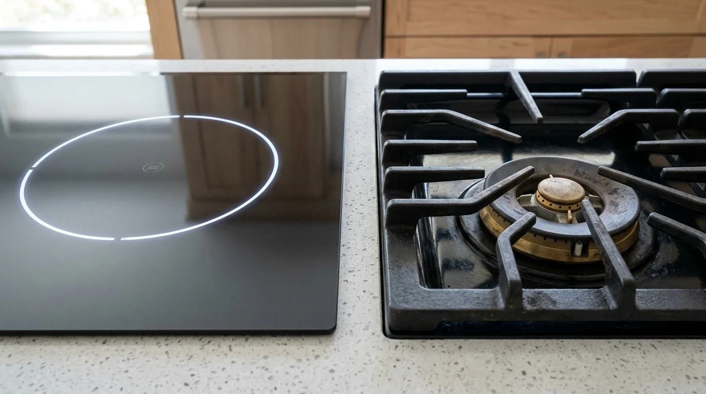 Close-up comparison of induction and gas cooktop burners showing flame control versus digital temperature display
