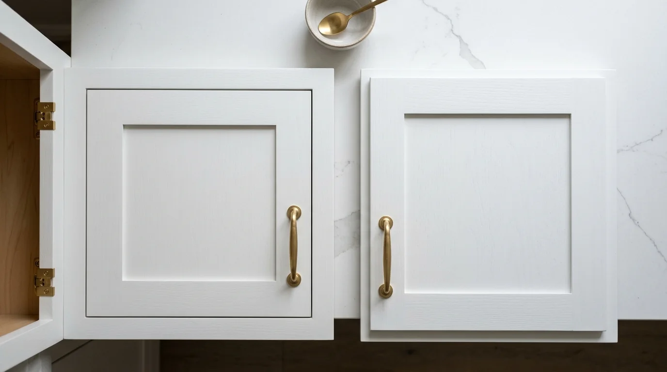 Close-up detail of inset cabinet door flush with face frame showing precision gap in a Boca Raton kitchen remodel