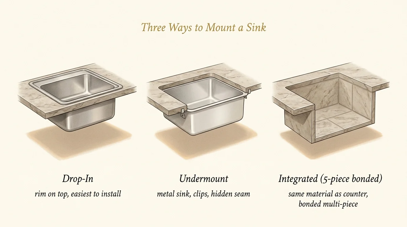 Cross-section diagram comparing three sink mounting types: drop-in (rim sits on top of counter), undermount (separate metal sink hung beneath counter with mounting clips and a hidden seam), and integrated (basin built from five stone pieces — four wall panels plus a bottom — bonded together and bonded into the underside of the counter cutout, same material as the counter)