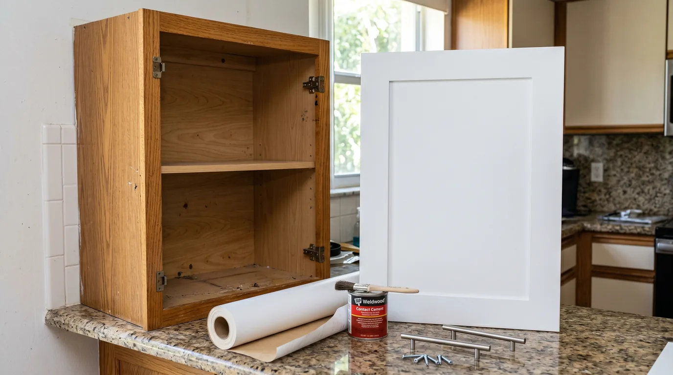 Cabinet refacing in progress on a Palm Beach County kitchen — original cabinet box with the door removed, a new white shaker replacement door ready to install, and fresh veneer wrap on the counter, illustrating the cost-saving technique that fits inside a $10,000 kitchen refresh budget