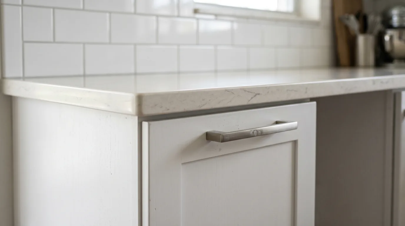 Close-up of mid-range kitchen finishes at the $30K tier — semi-custom white shaker cabinet door, level-one quartz countertop edge, and 3-by-6 white ceramic subway tile backsplash with thin grout lines