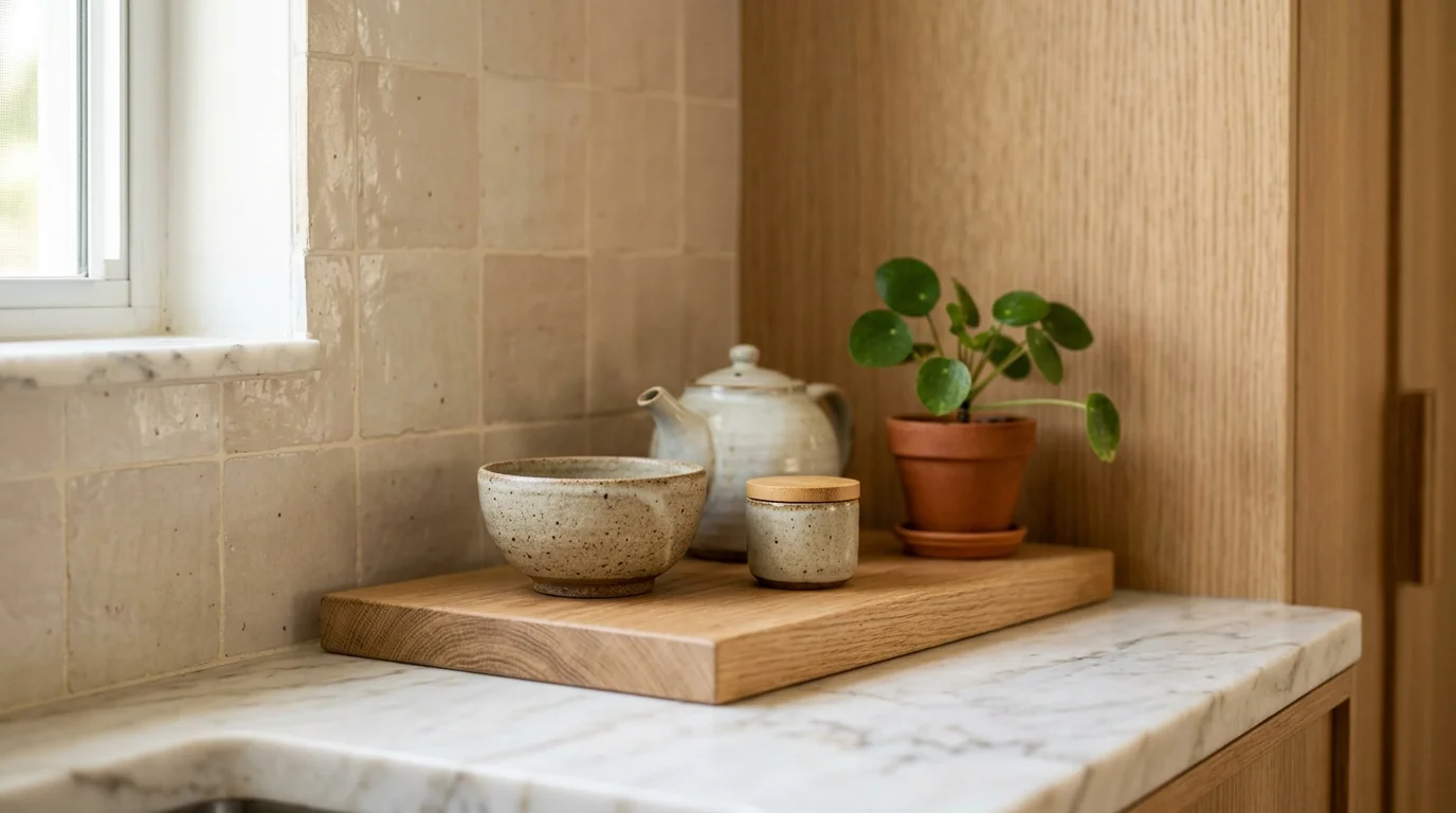 Close-up of Japandi kitchen detail showing natural wood grain cabinets, integrated pulls, and honed quartz countertop edge