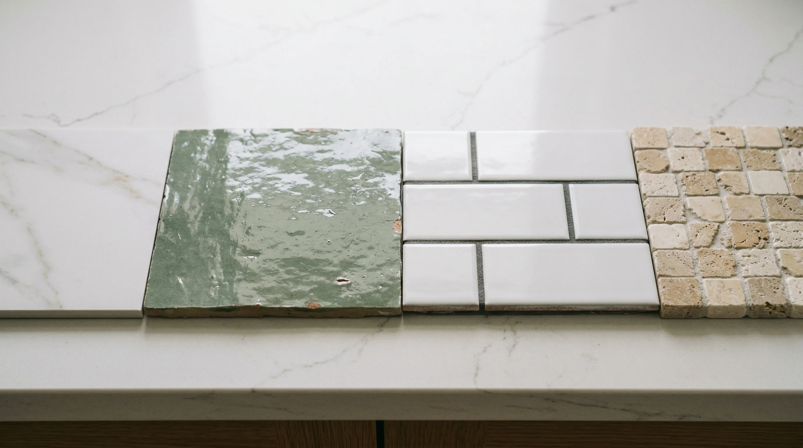 Kitchen backsplash material samples: porcelain, zellige, subway tile, and natural stone